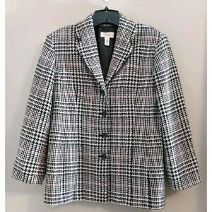 Talbots Women Black White Red Houndstooth Wool‎ Blazer Size 6